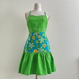 handmade green blue yellow floral apron prairie backless midi dress